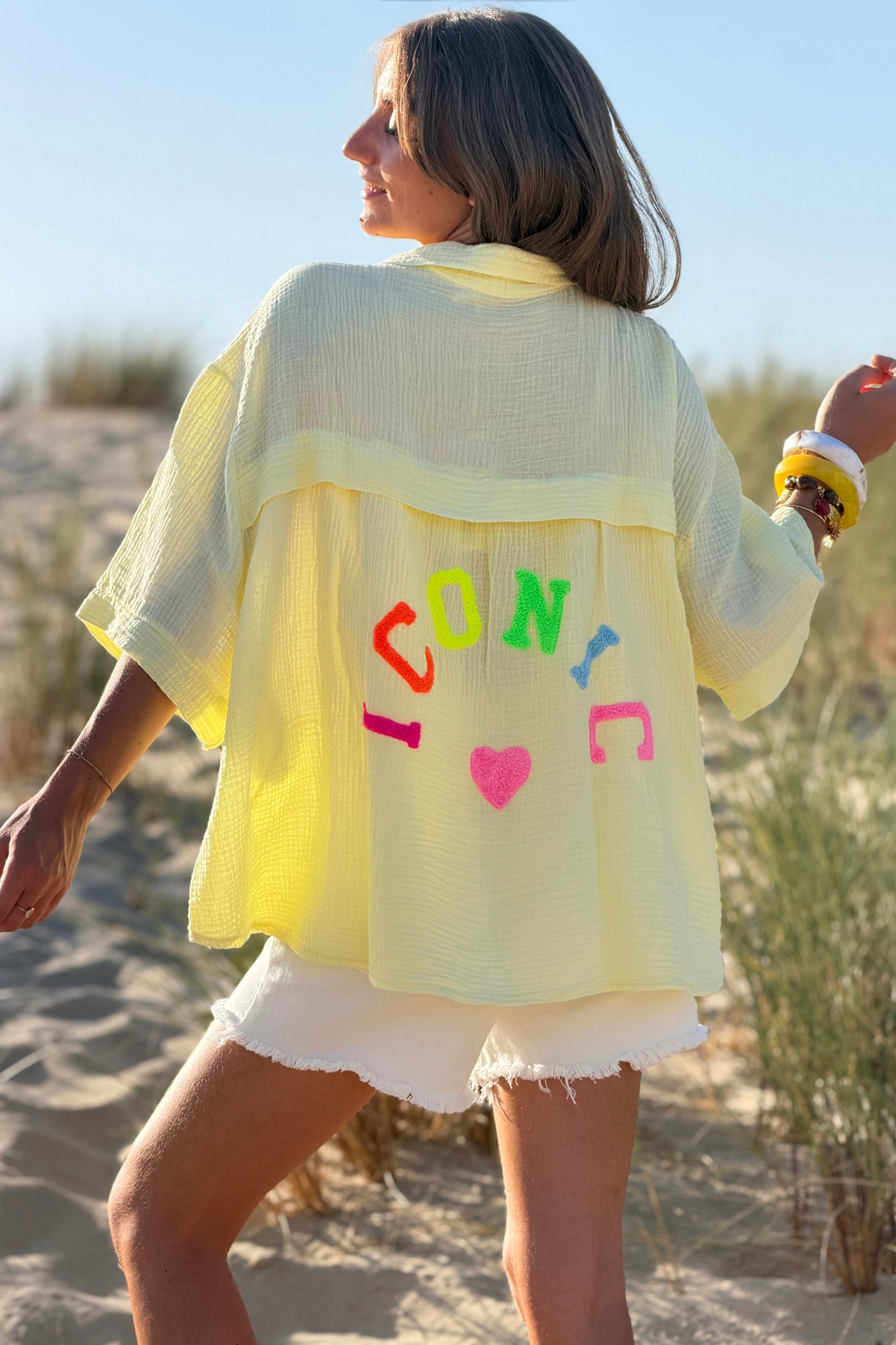 Yellow “ICONIC” Crinkle Gauze Button-Down Top
