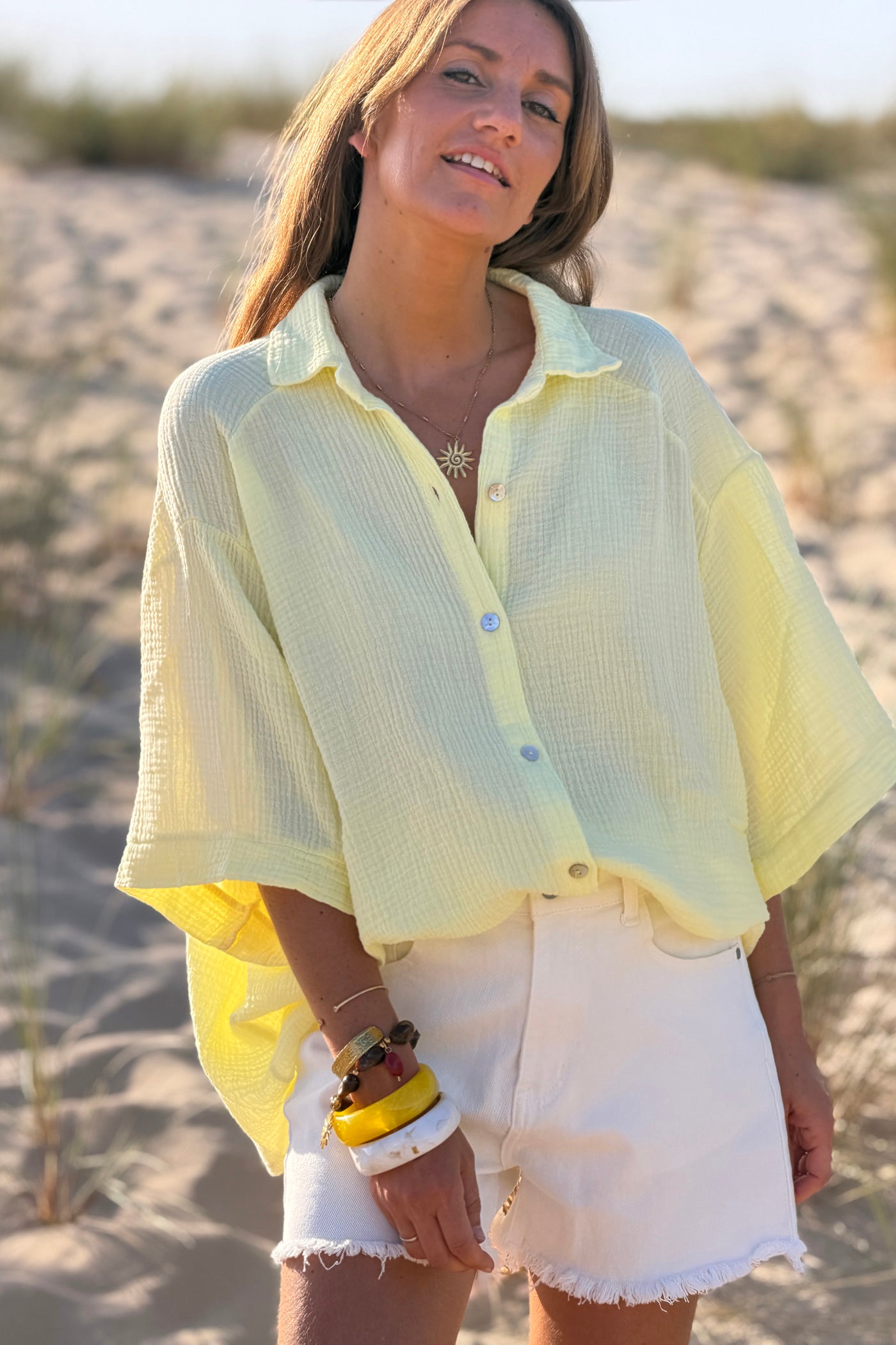 Yellow “ICONIC” Crinkle Gauze Button-Down Top
