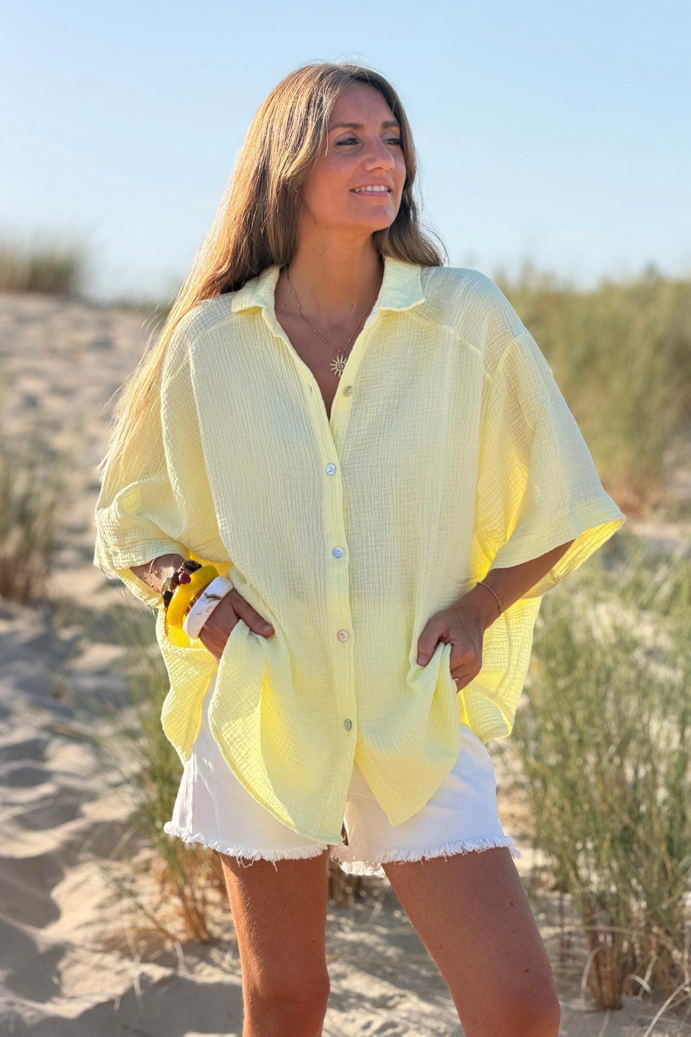 Yellow “ICONIC” Crinkle Gauze Button-Down Top
