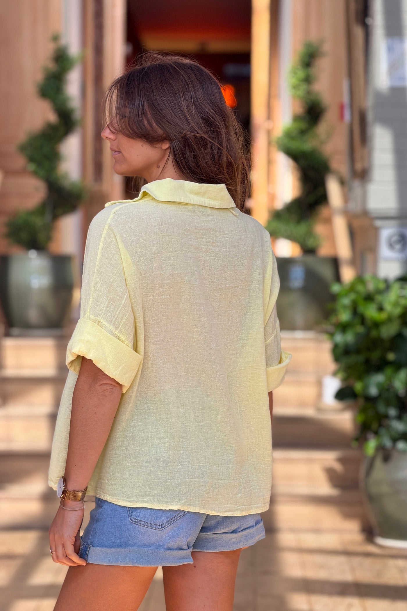 Yellow Soft Cotton Blouse with 3/4 sleeves and large Pockets