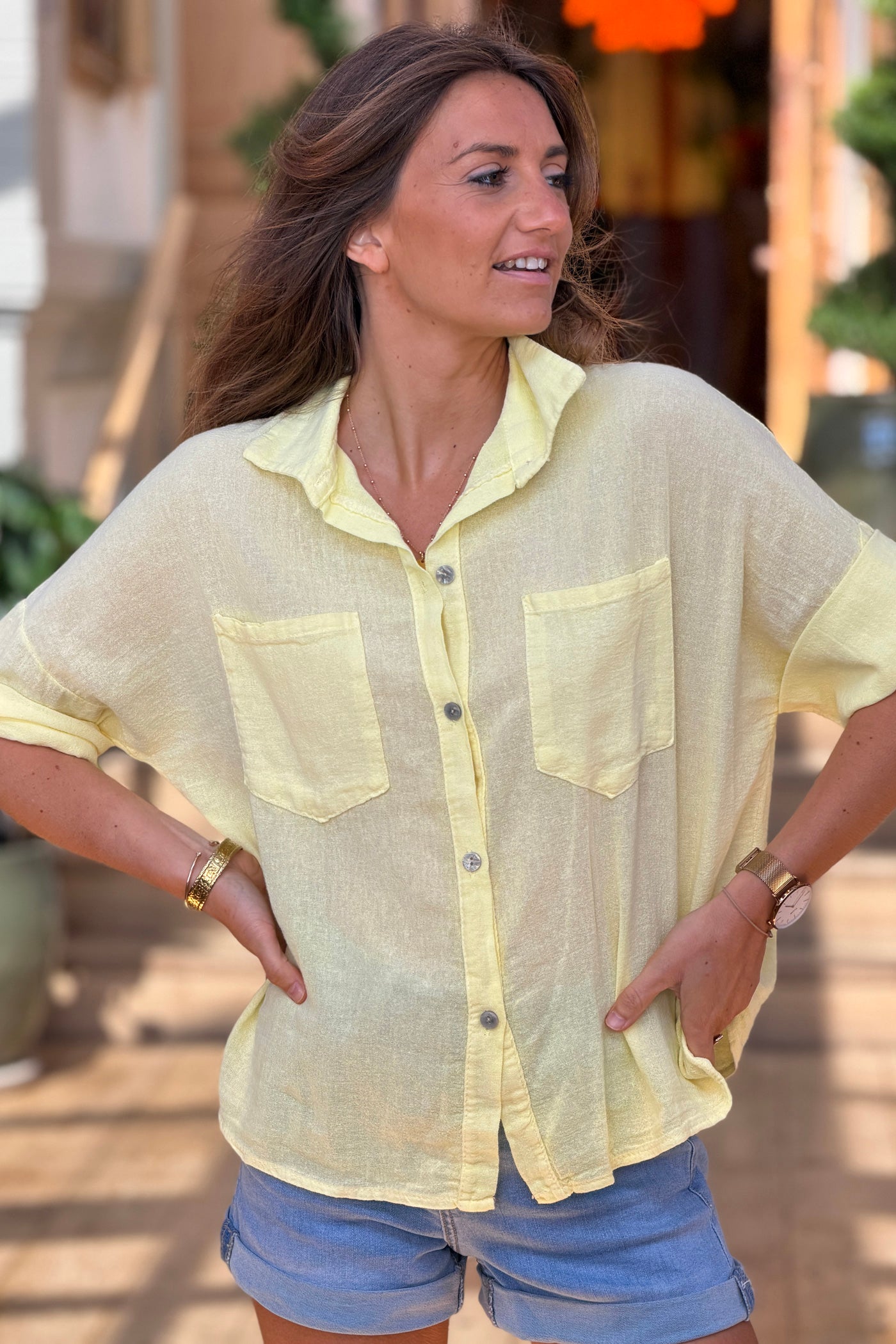 Yellow Soft Cotton Blouse with 3/4 sleeves and large Pockets