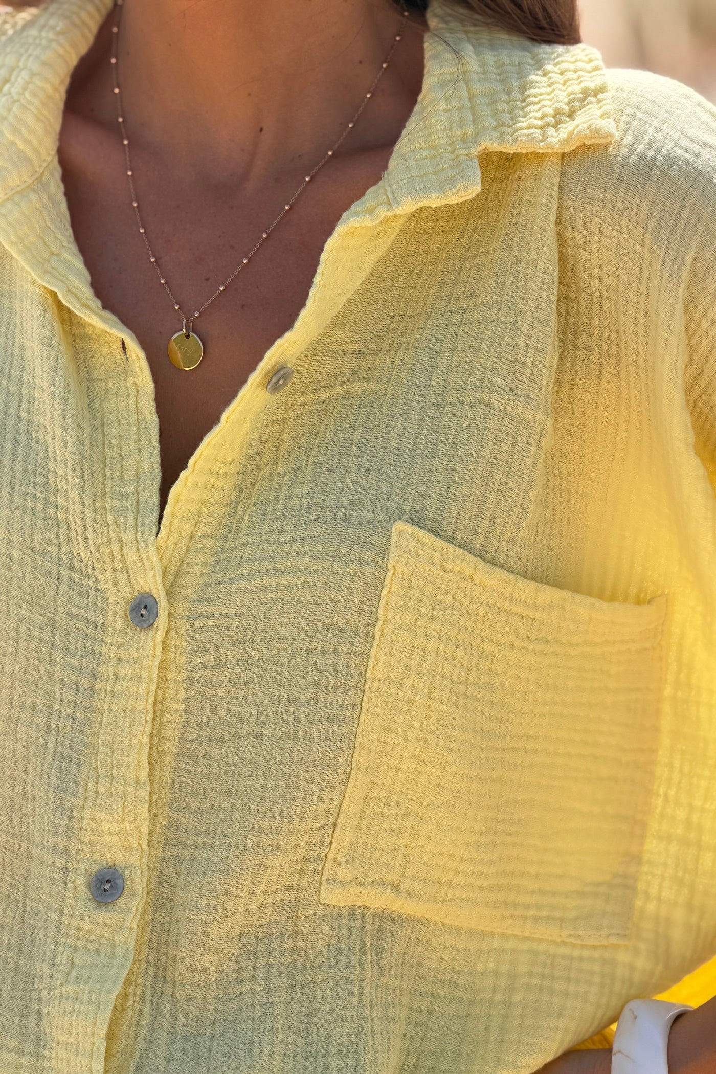 Yellow Crinkle Gauze Button-Down Beach Shirt
