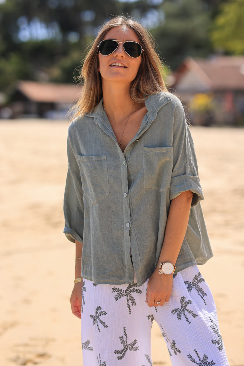 Khaki soft cotton blouse with 3/4 sleeves and large pockets