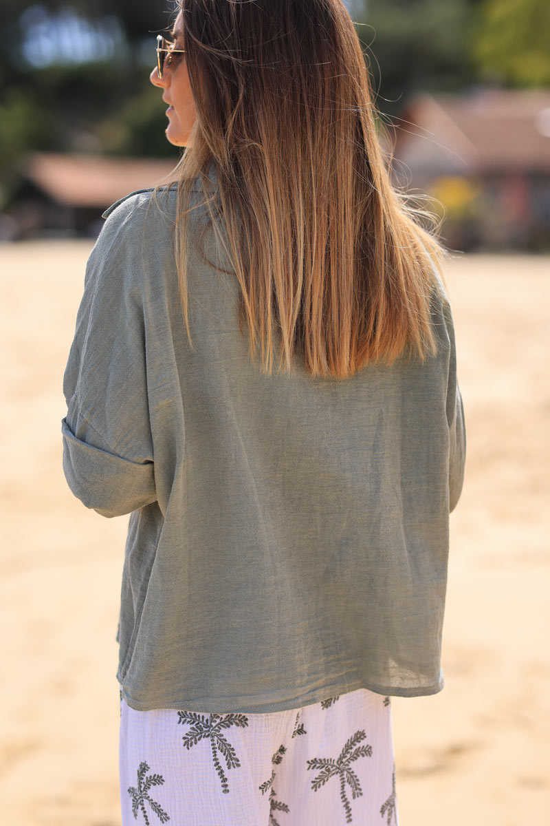 Khaki soft cotton blouse with 3/4 sleeves and large pockets