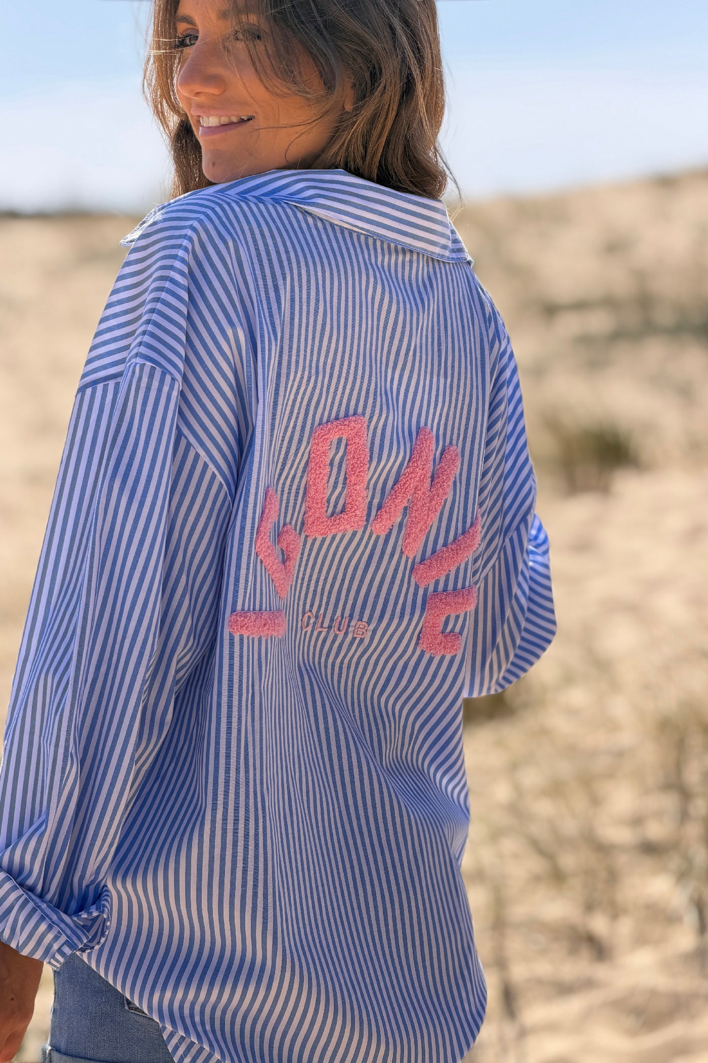 Blue Pinstripe “Iconic Club” Button-Down Blouse