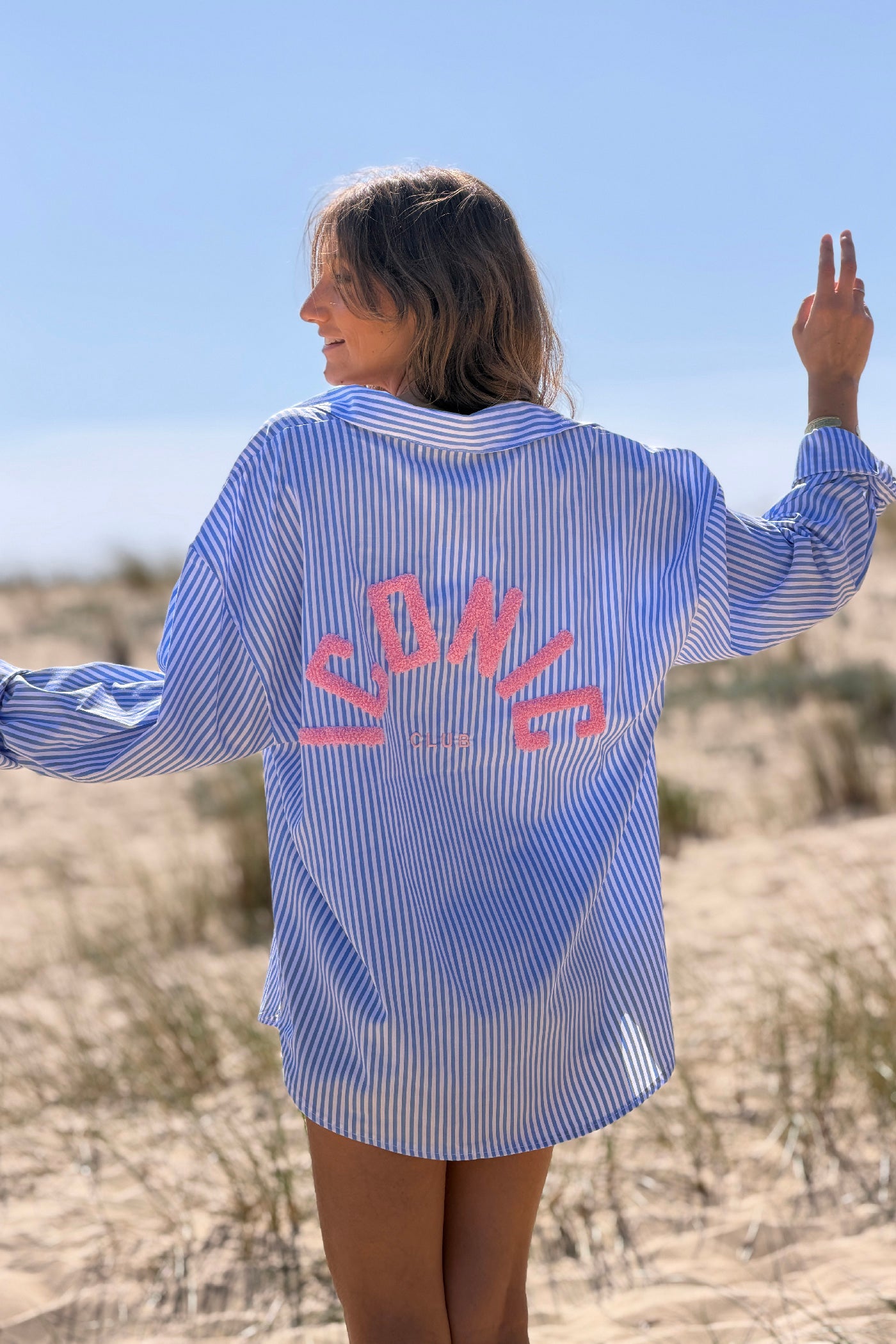 Blue Pinstripe “Iconic Club” Button-Down Blouse