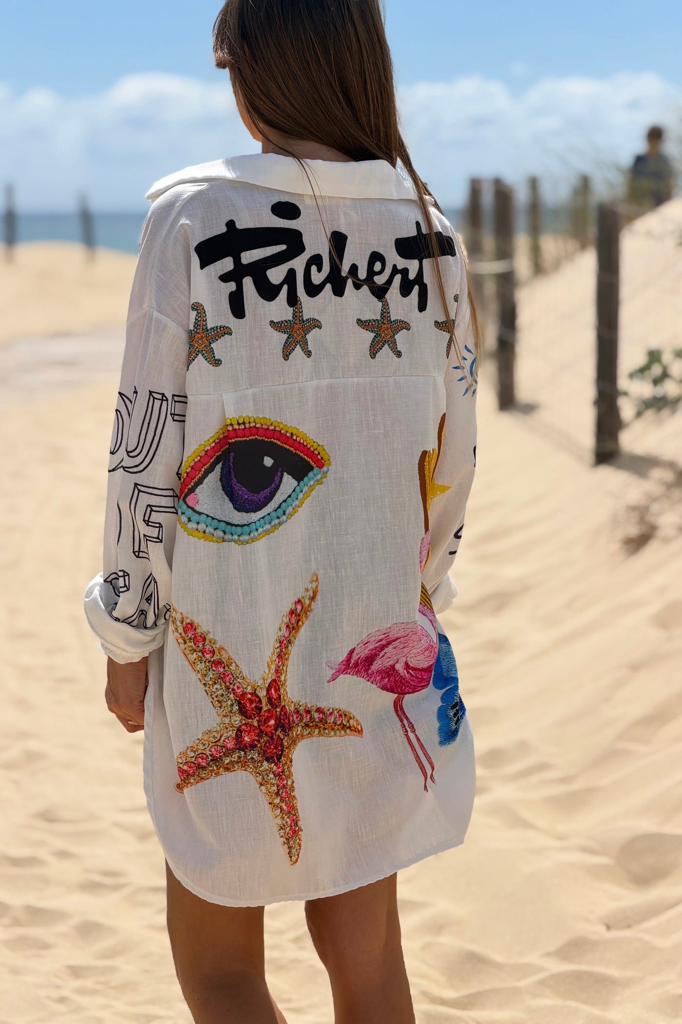 Chemise large écrue manches longues imprimé cactus et fleurs et œil