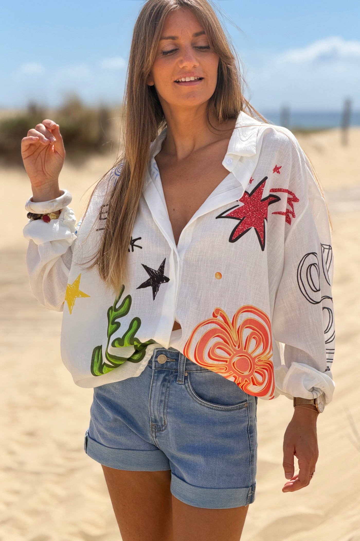 Chemise large écrue manches longues imprimé cactus et fleurs et œil