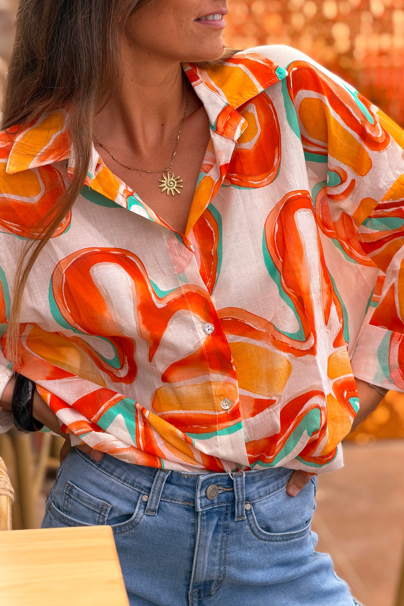 Orange Groovy Floral Button-Down Blouse
