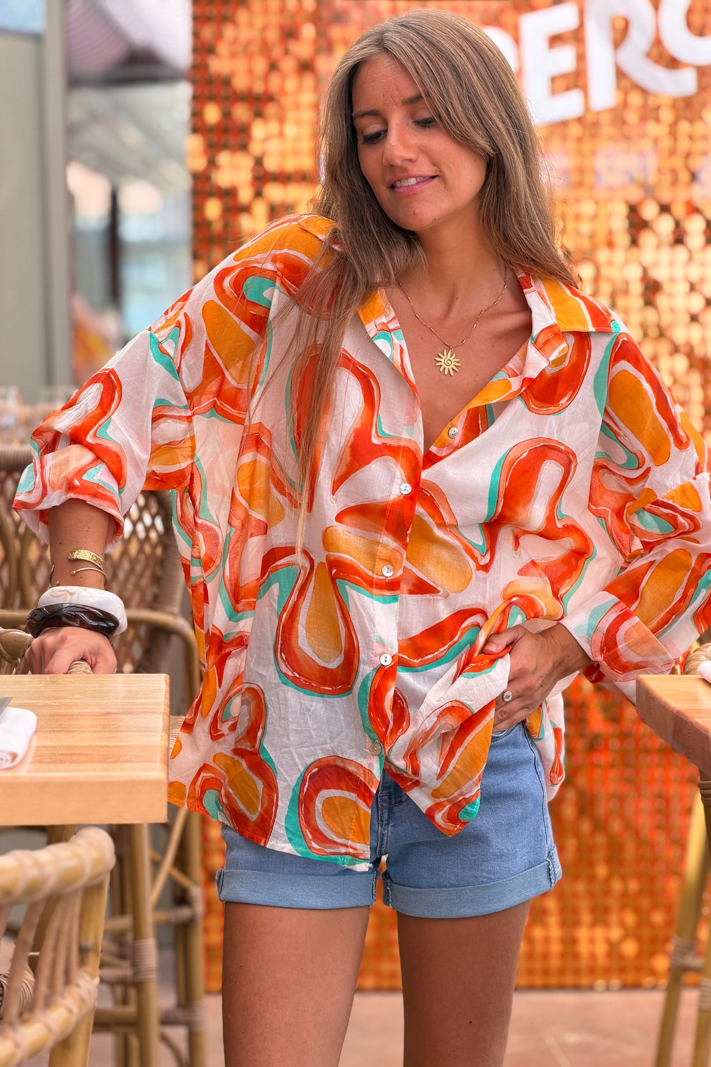 Orange Groovy Floral Button-Down Blouse
