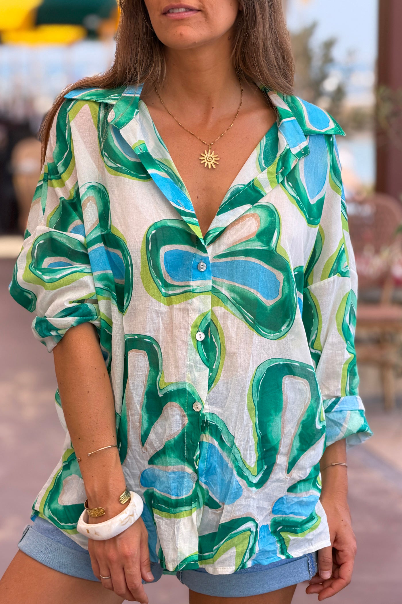 Green Groovy Floral Button-Down Blouse