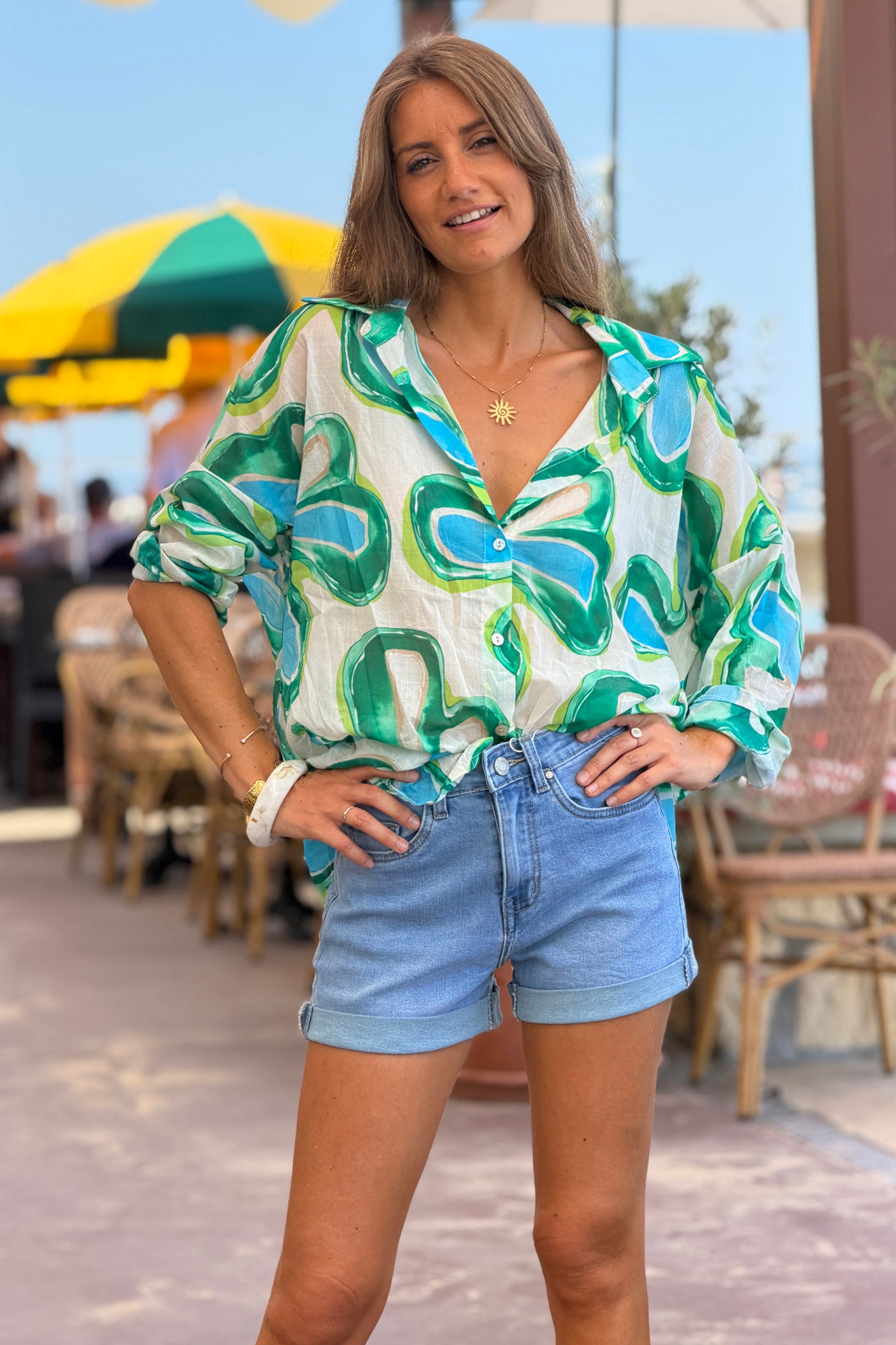 Green Groovy Floral Button-Down Blouse