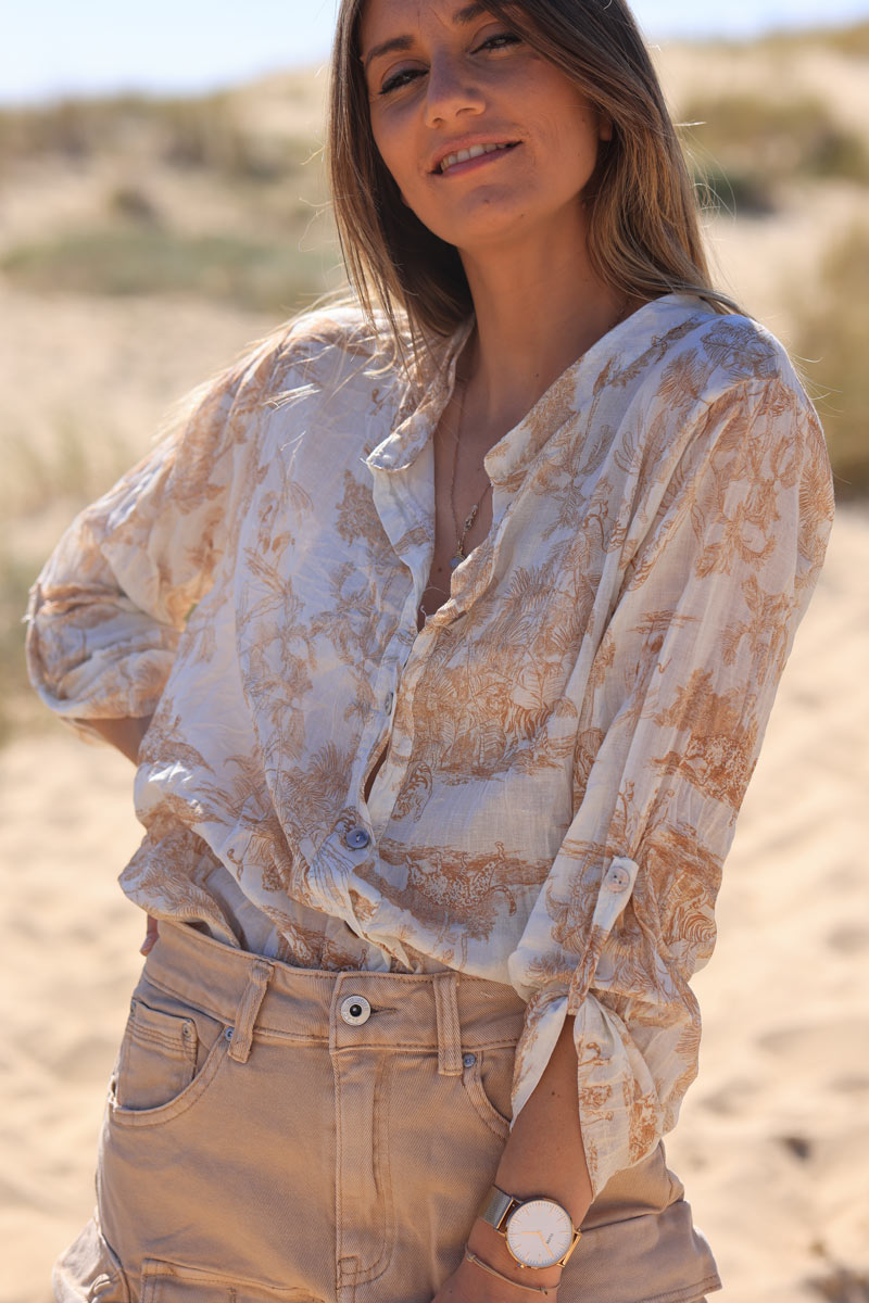 Semi-sheer Cotton Shirt with Beige Toile de Jouy Print