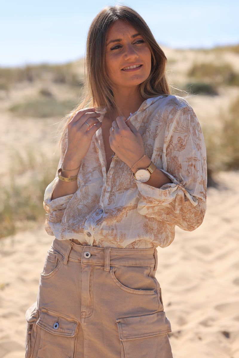 Semi-sheer Cotton Shirt with Beige Toile de Jouy Print
