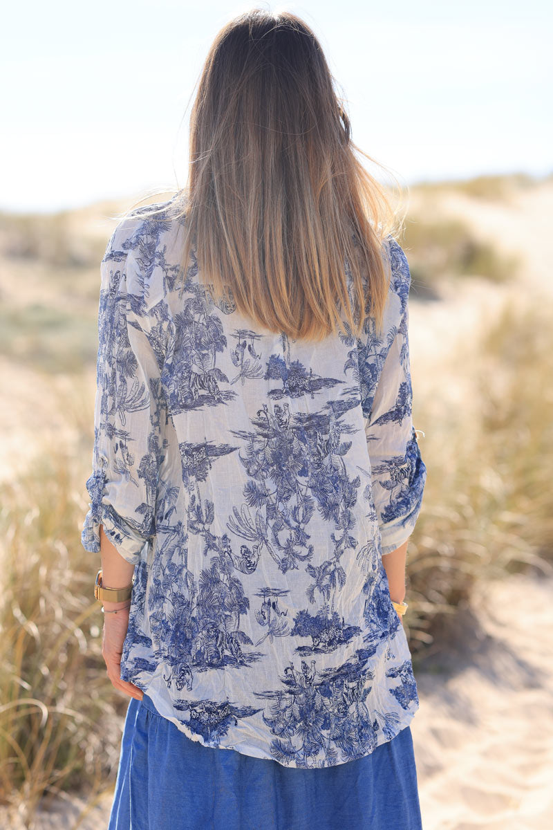 Semi-sheer Cotton Shirt with Navy Blue Toile de Jouy Print