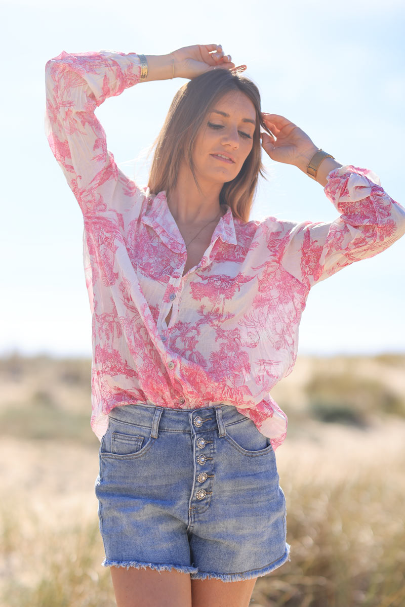 Camisa ligera de voile de algodón con estampado toile de jouy fucsia