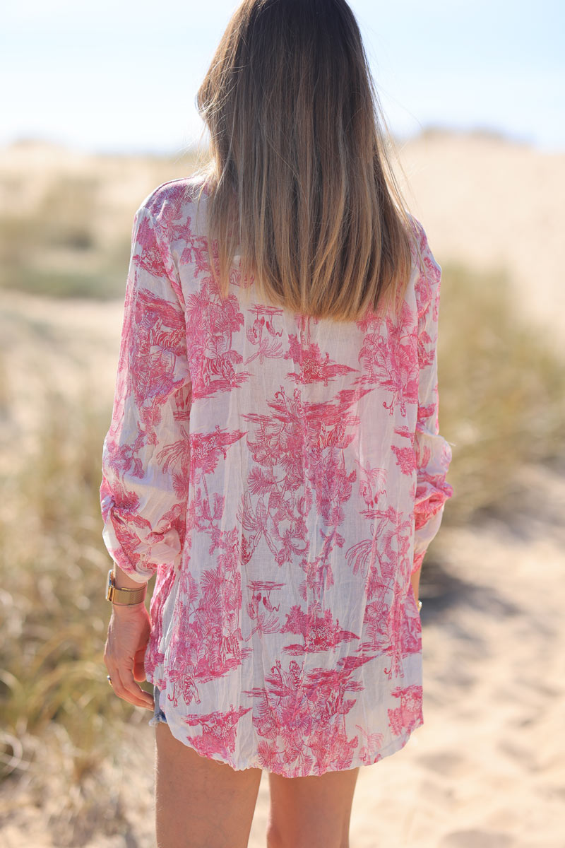 Camisa ligera de voile de algodón con estampado toile de jouy fucsia