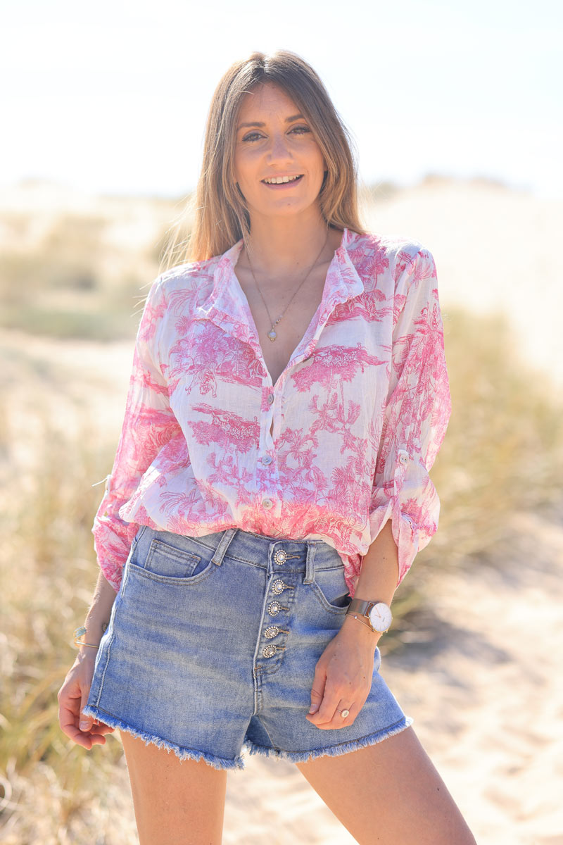 Camisa ligera de voile de algodón con estampado toile de jouy fucsia