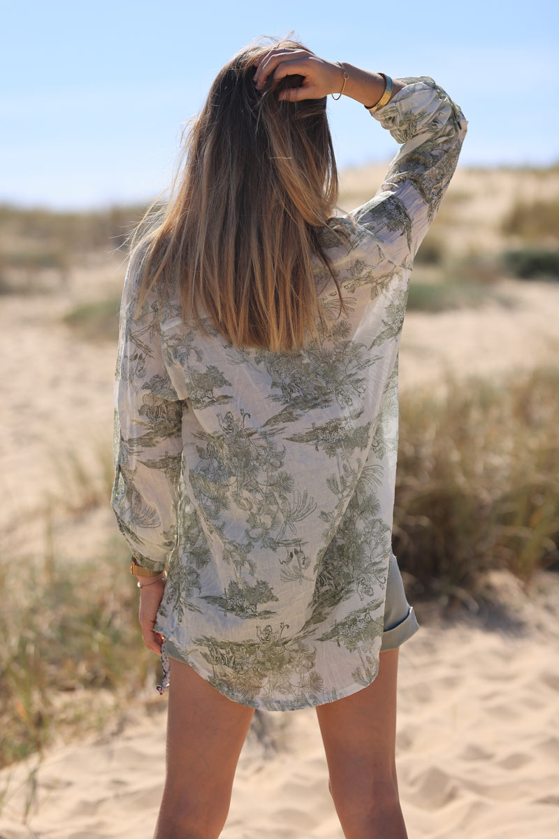 Chemise légère en voile de coton imprimé toile de jouy kaki