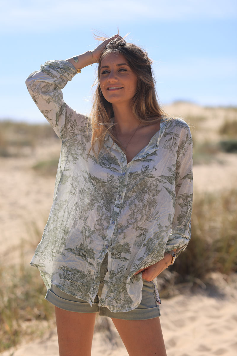 Chemise légère en voile de coton imprimé toile de jouy kaki