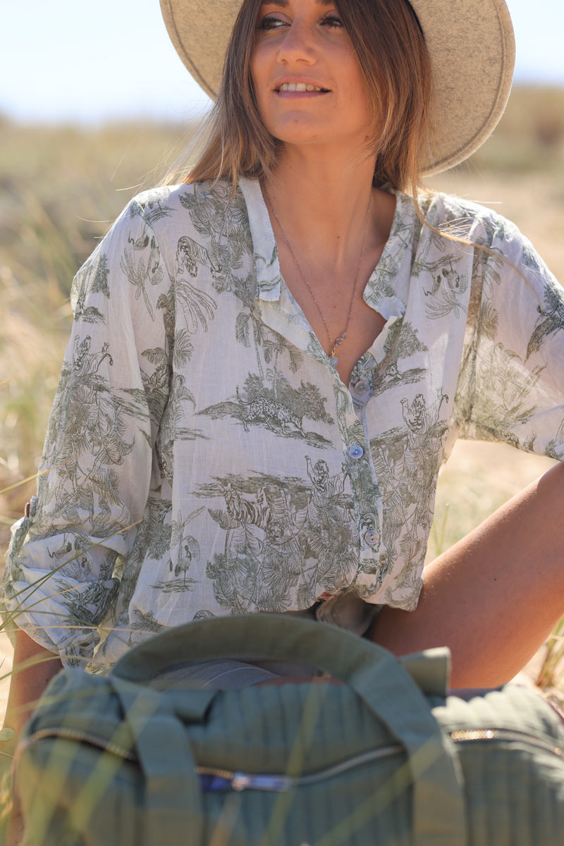 Chemise légère en voile de coton imprimé toile de jouy kaki