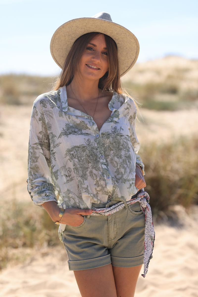 Chemise légère en voile de coton imprimé toile de jouy kaki