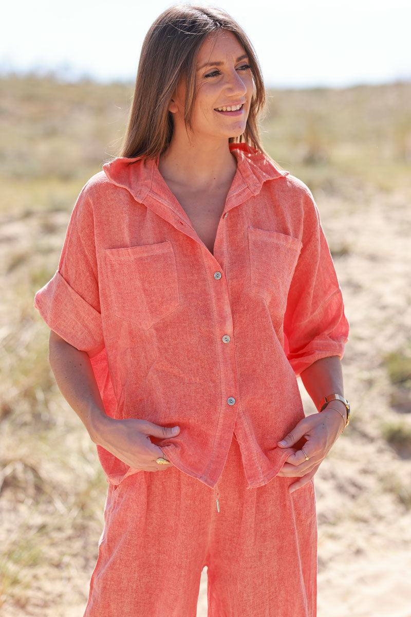Chemise orange délavé souple en coton manches 3/4 et grandes poches