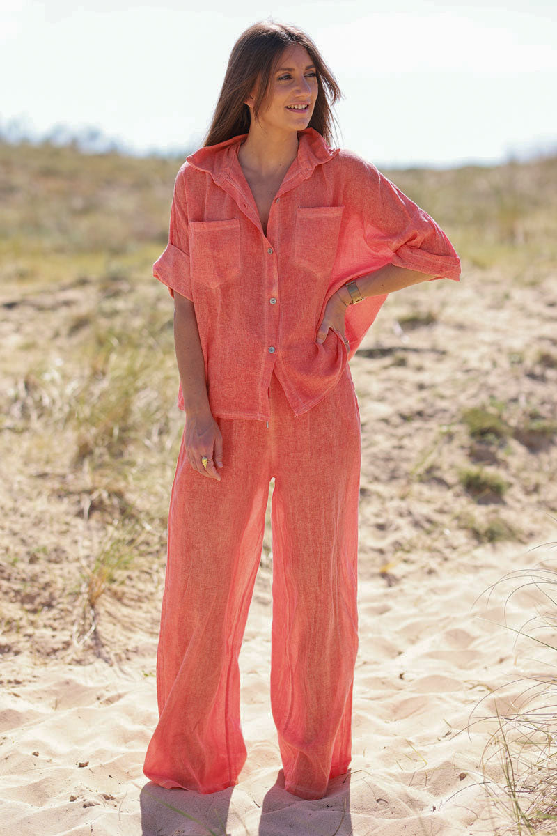 Chemise orange délavé souple en coton manches 3/4 et grandes poches