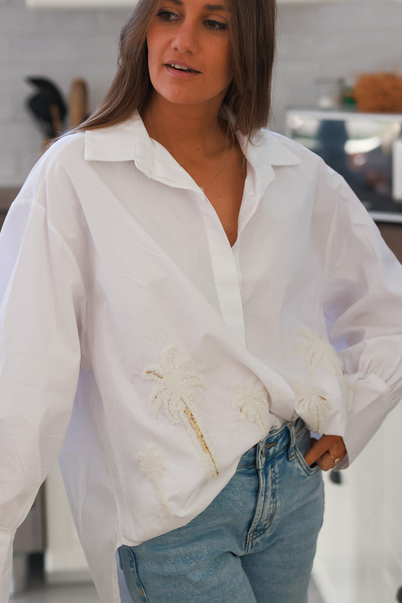 Chemise oversize blanche en coton broderie palmiers en bouclettes et sequins