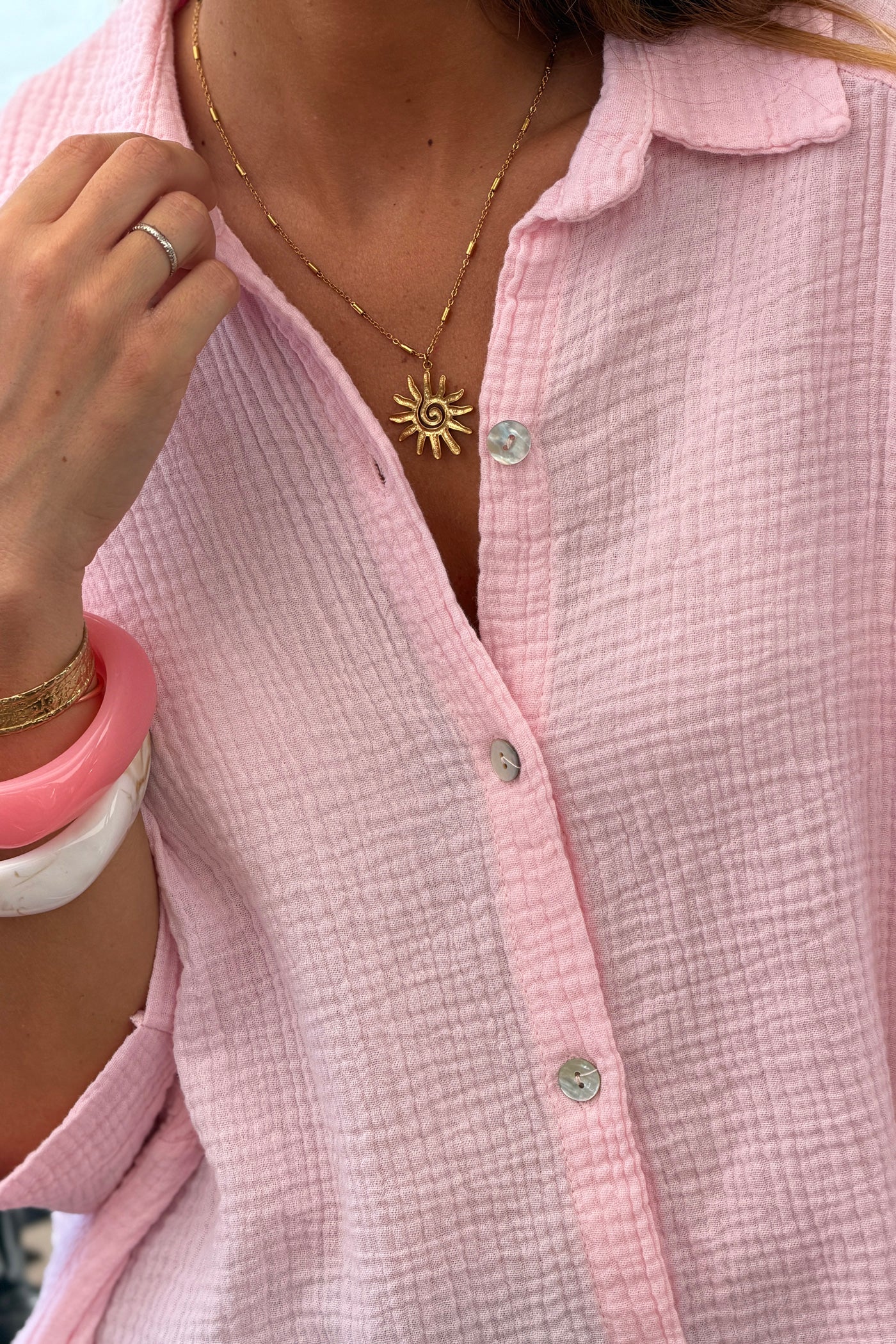 Pink “ICONIC” Crinkle Gauze Button-Down Top
