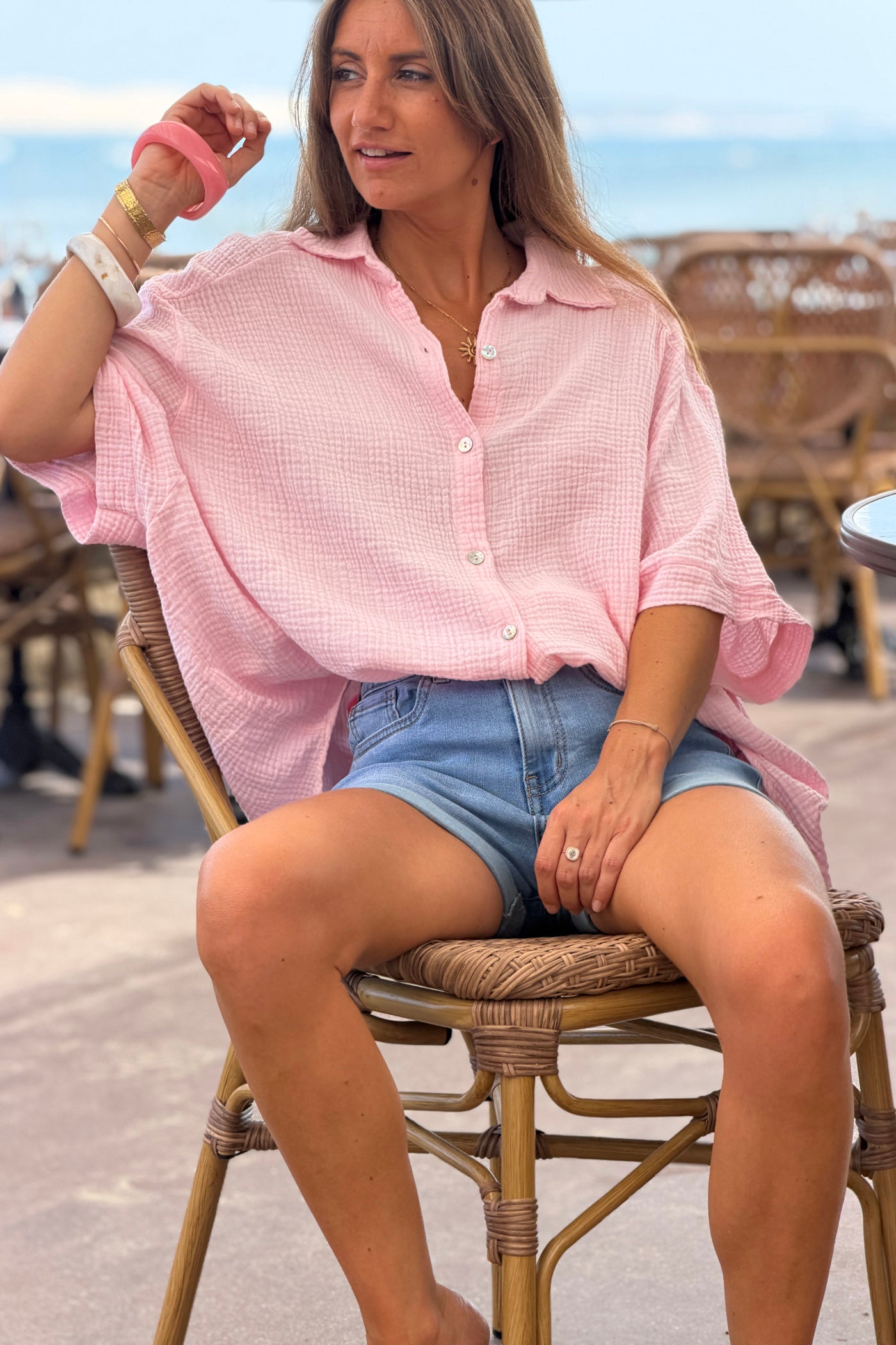 Pink “ICONIC” Crinkle Gauze Button-Down Top
