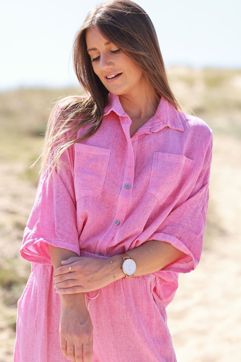 Chemise rose fuchsia délavé souple en coton manches 3/4 et grandes poches