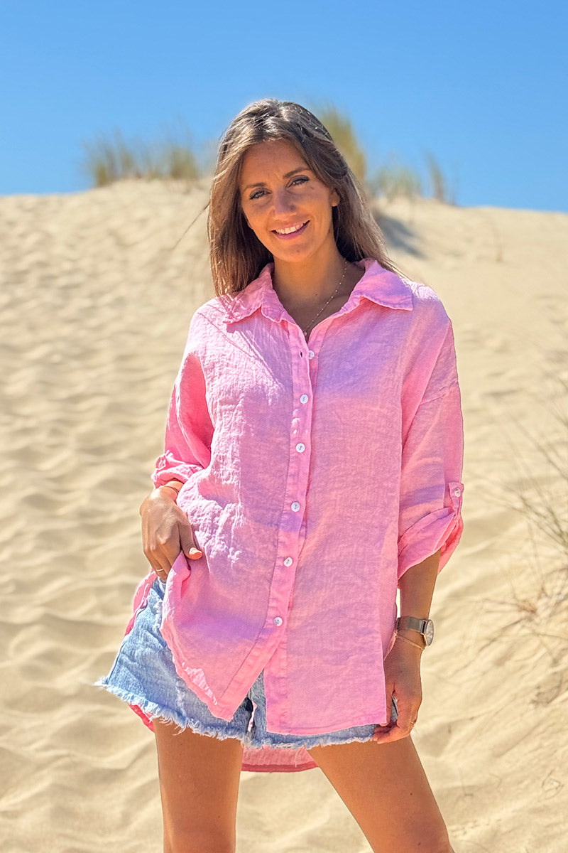 Pink Roll-Cuff Button-Down Blouse