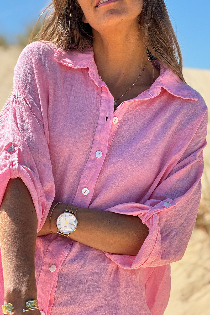 Chemise rose en lin boutons nacres