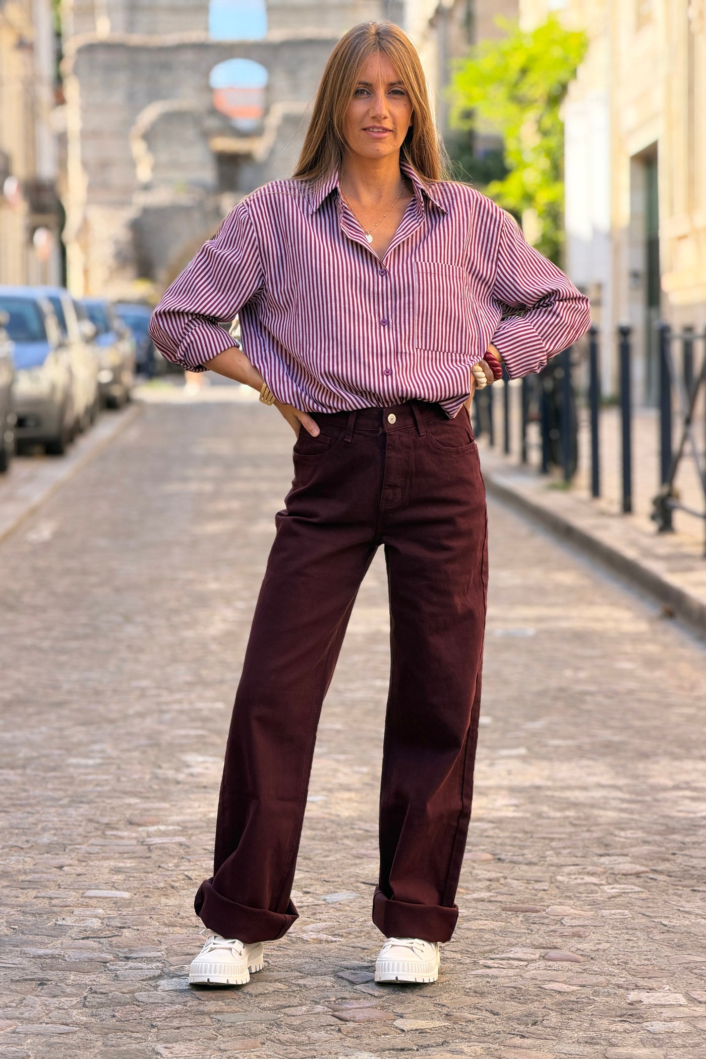 Aubergine Pinstripe Button-Down Blouse