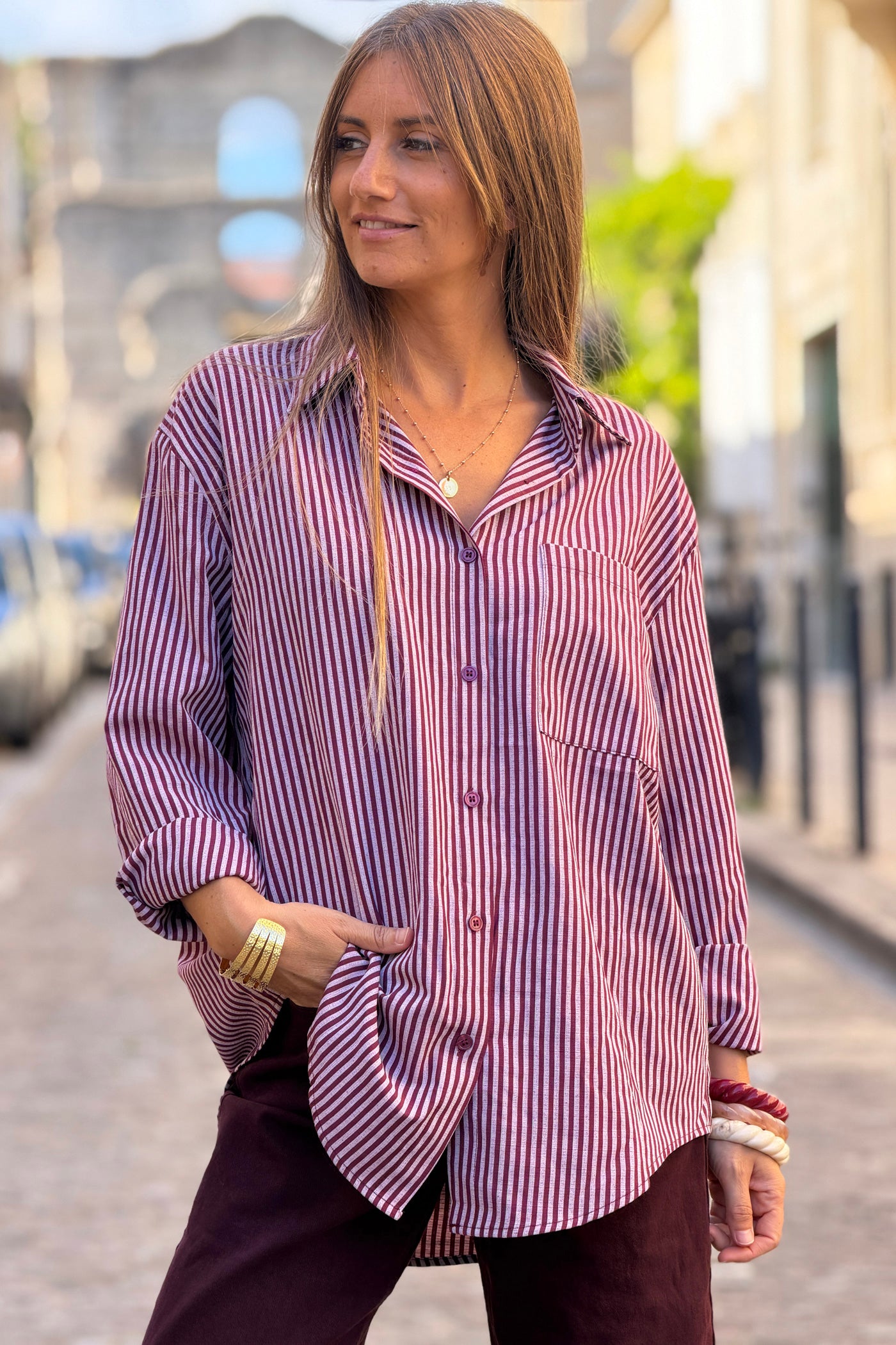 Aubergine Pinstripe Button-Down Blouse