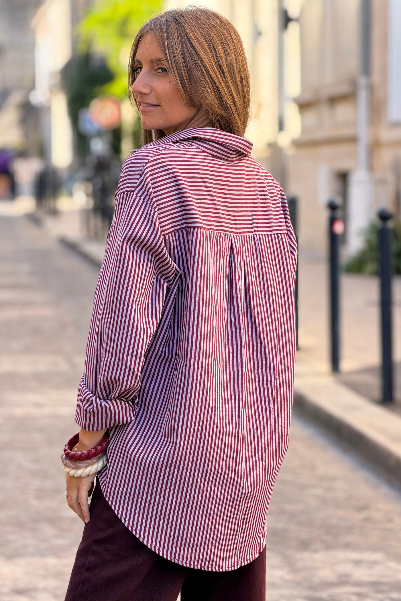 Aubergine Pinstripe Button-Down Blouse