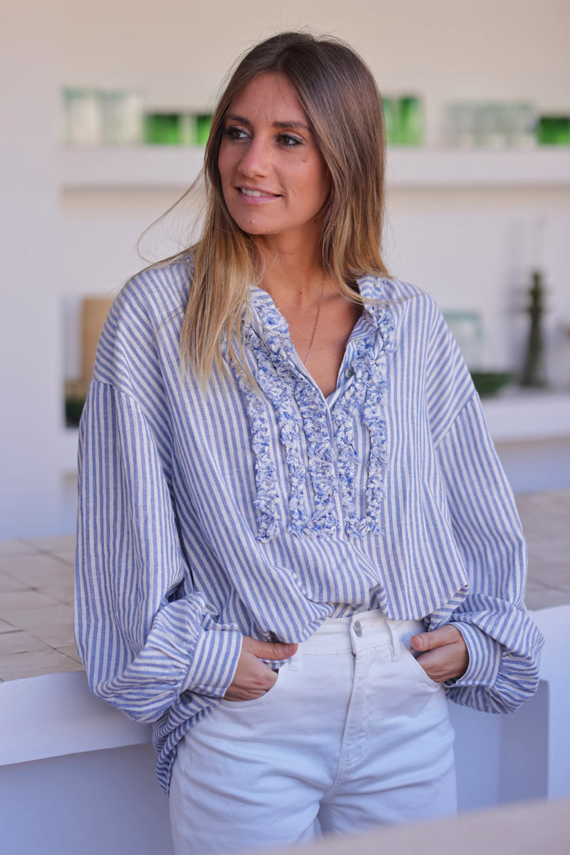 Relaxed fit sky blue striped cotton shirt with frills