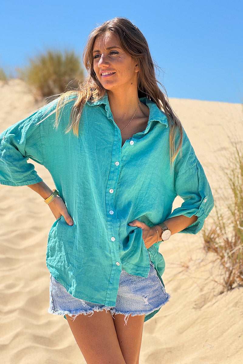 Turquoise Roll-Cuff Button-Down Blouse