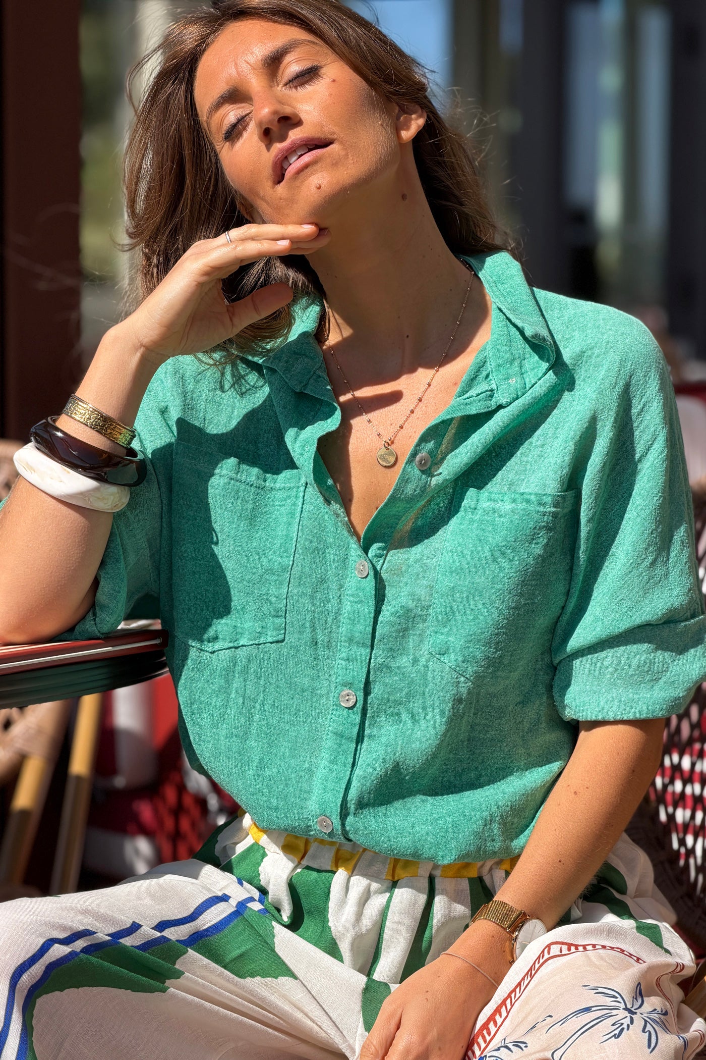 Chemise vert délavé souple en coton manches 3/4 et grandes poches
