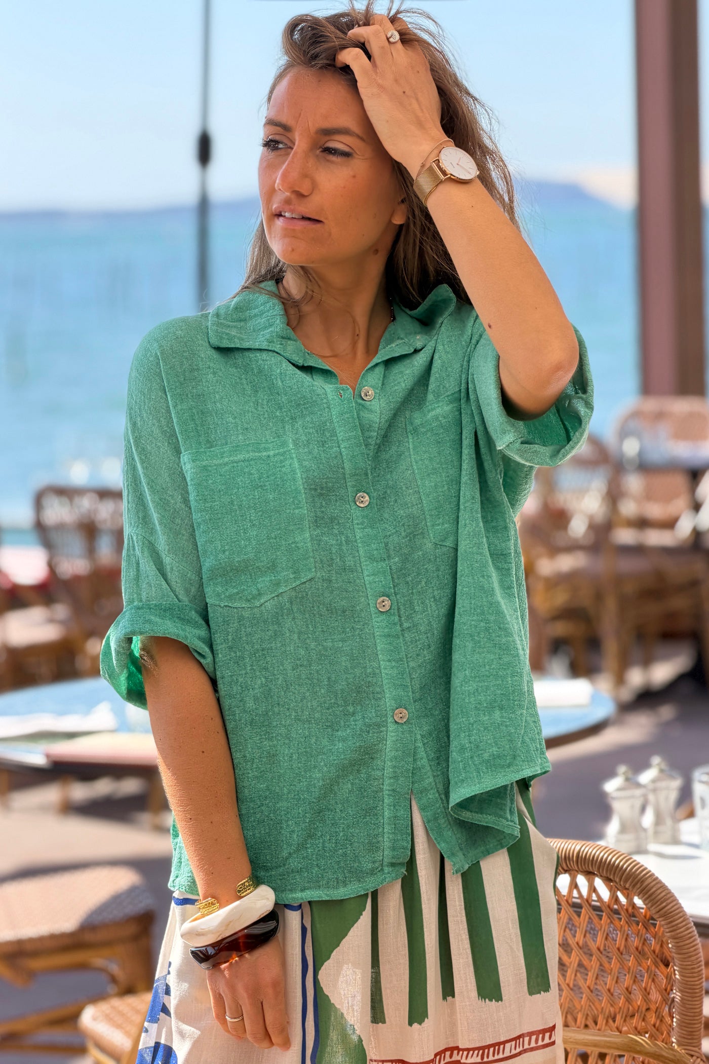 Chemise vert délavé souple en coton manches 3/4 et grandes poches