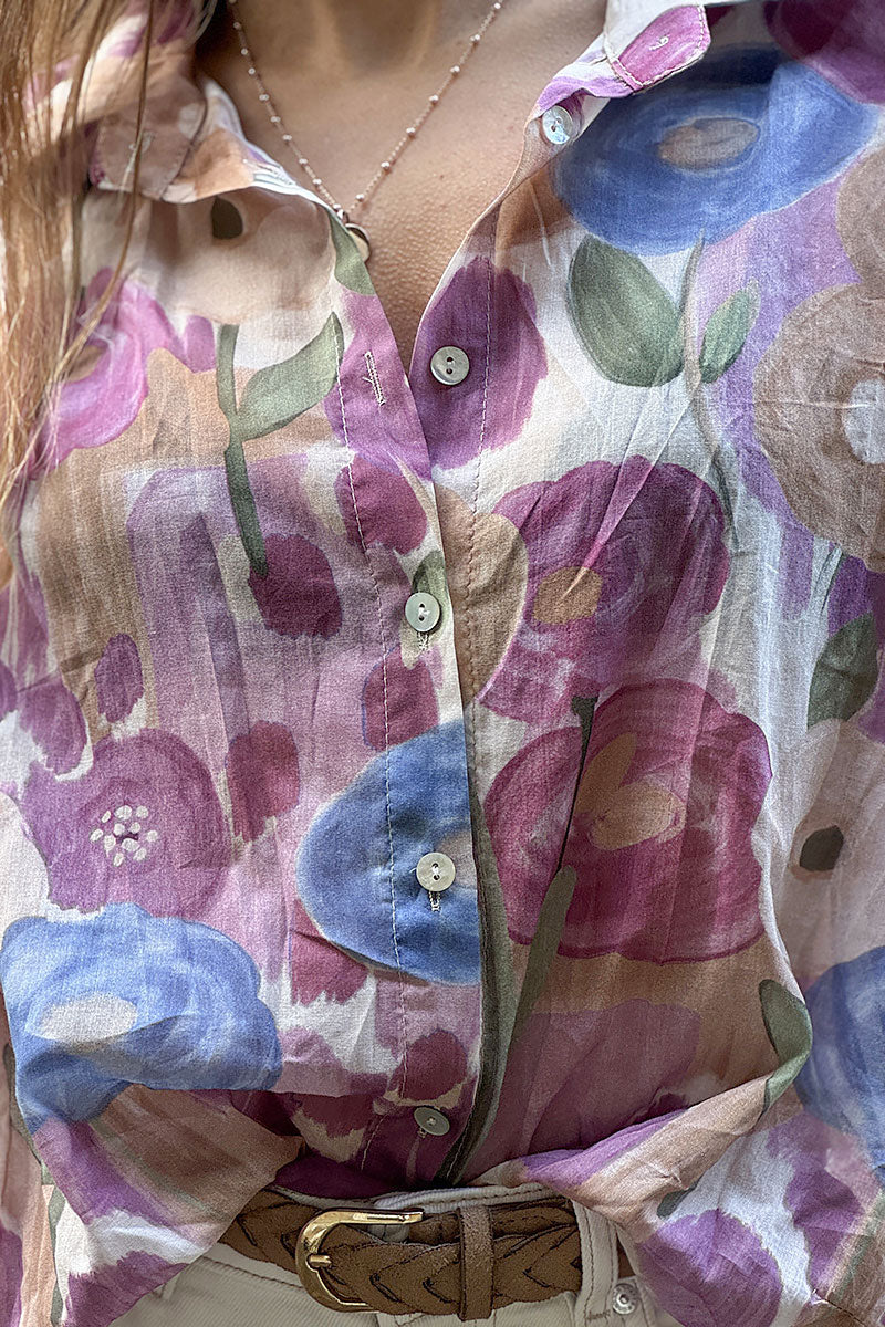 Purple Spring Floral Cotton Button-Down Blouse