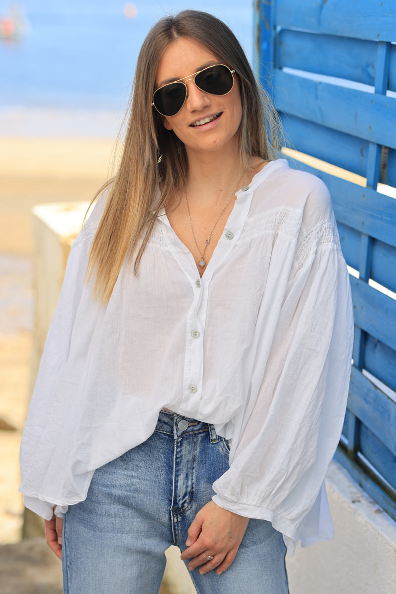 White semi sheer flare cotton shirt with smock panel on the chest