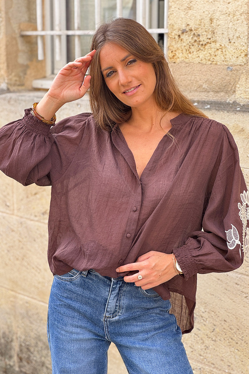 Brown chocolate Embroidered Gauze Peasant Blouse