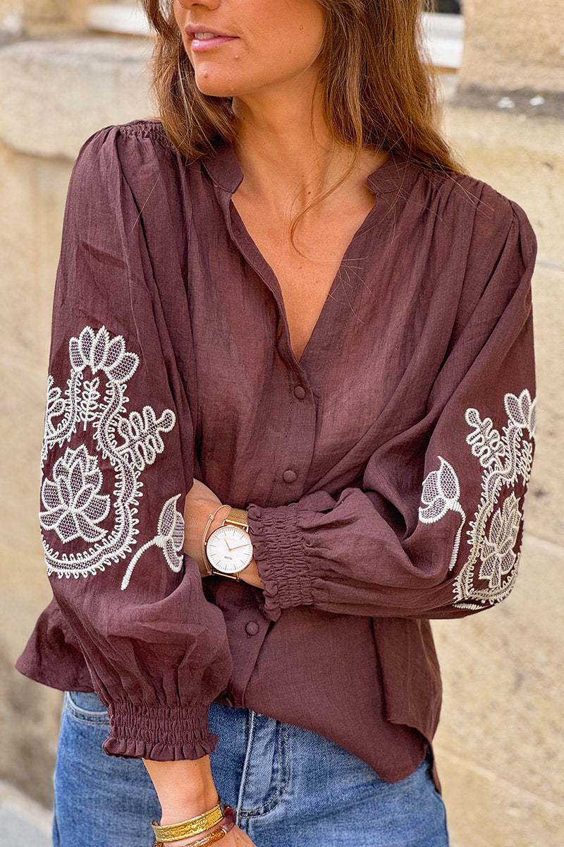 Brown chocolate Embroidered Gauze Peasant Blouse