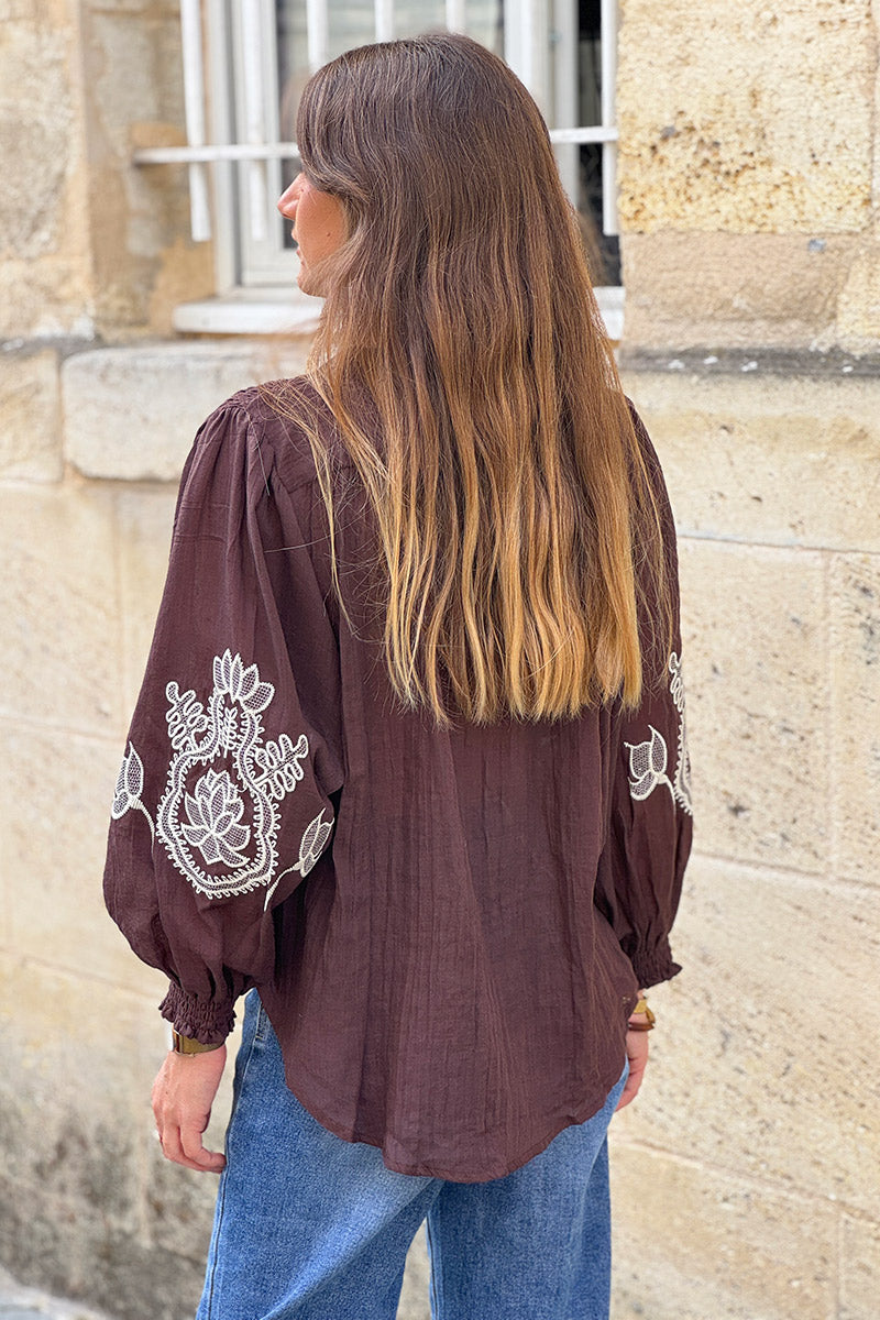 Brown chocolate Embroidered Gauze Peasant Blouse