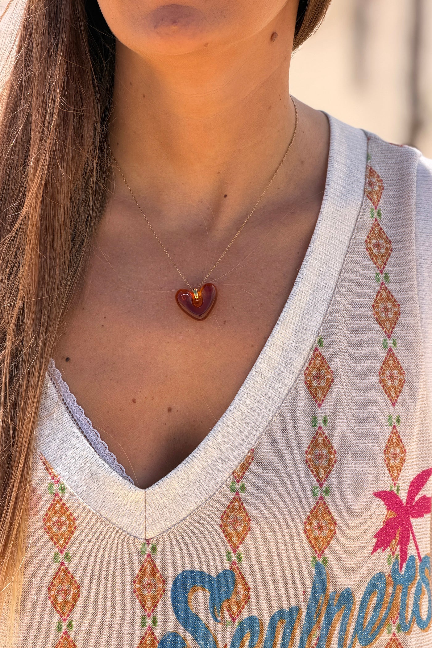 Collier chaine dorée pendentif coeur acetate marron écaille