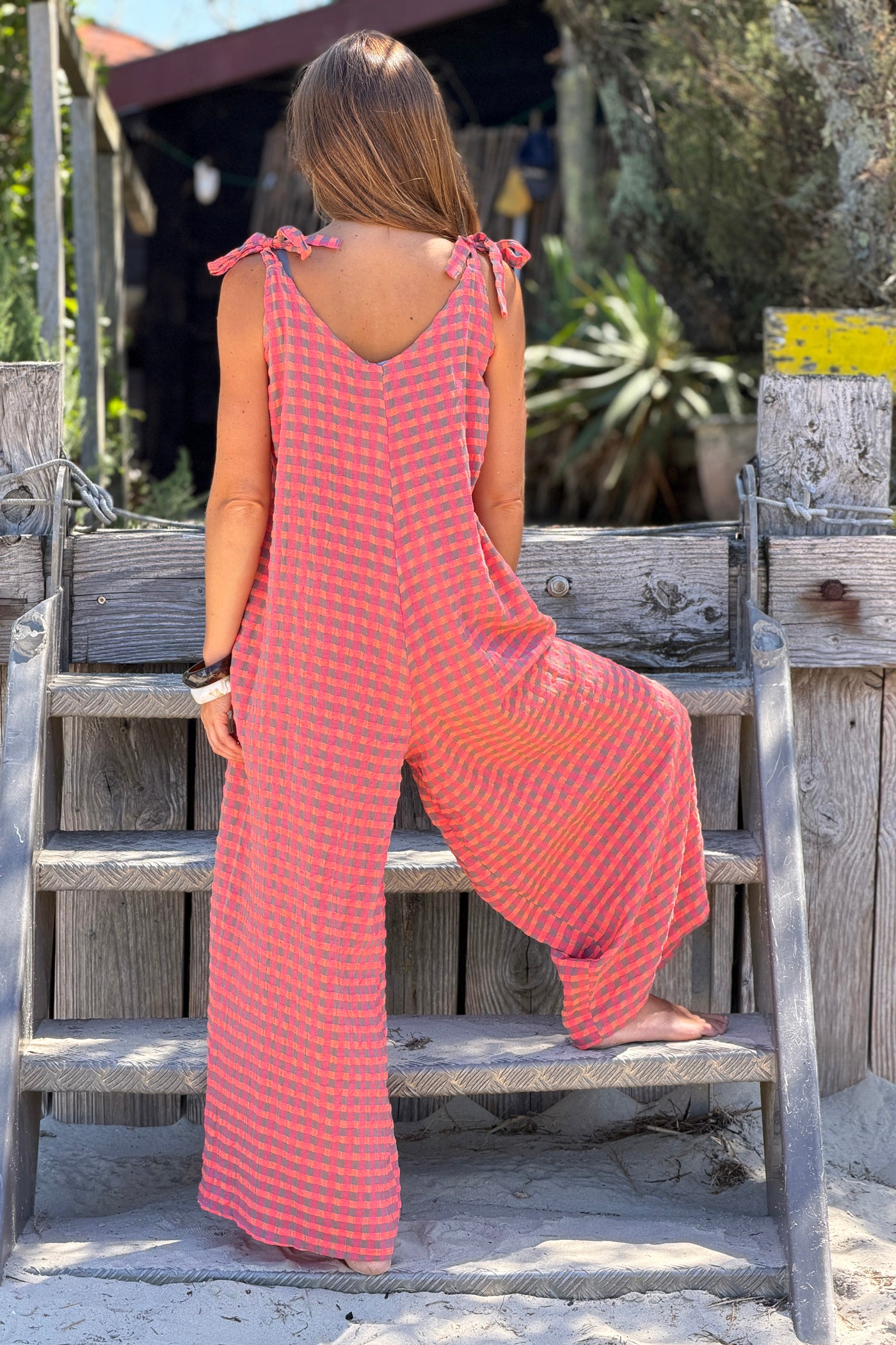Pink Crinkle Gauze Plaid Romper
