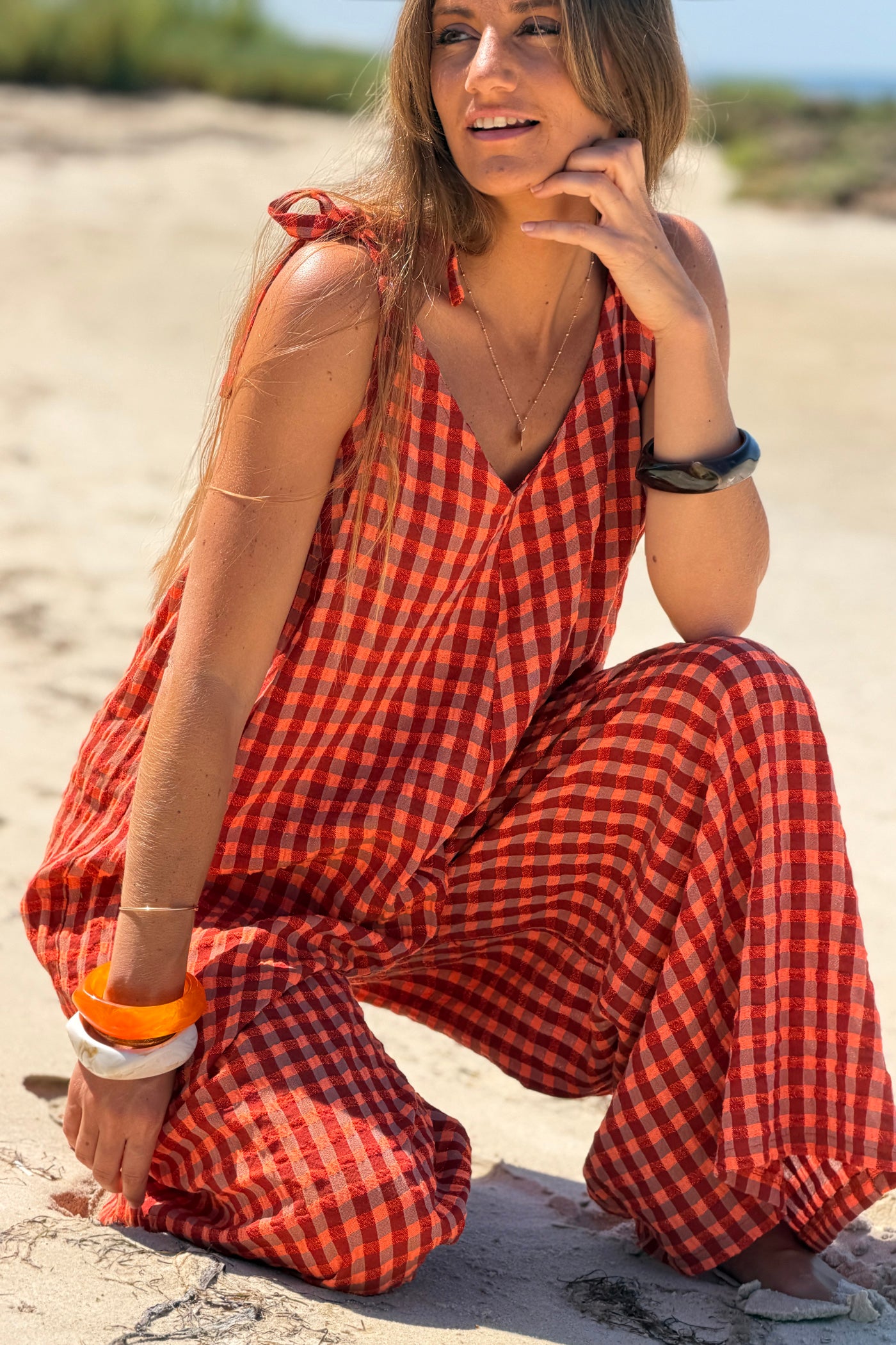 Orange Crinkle Gauze Plaid Romper