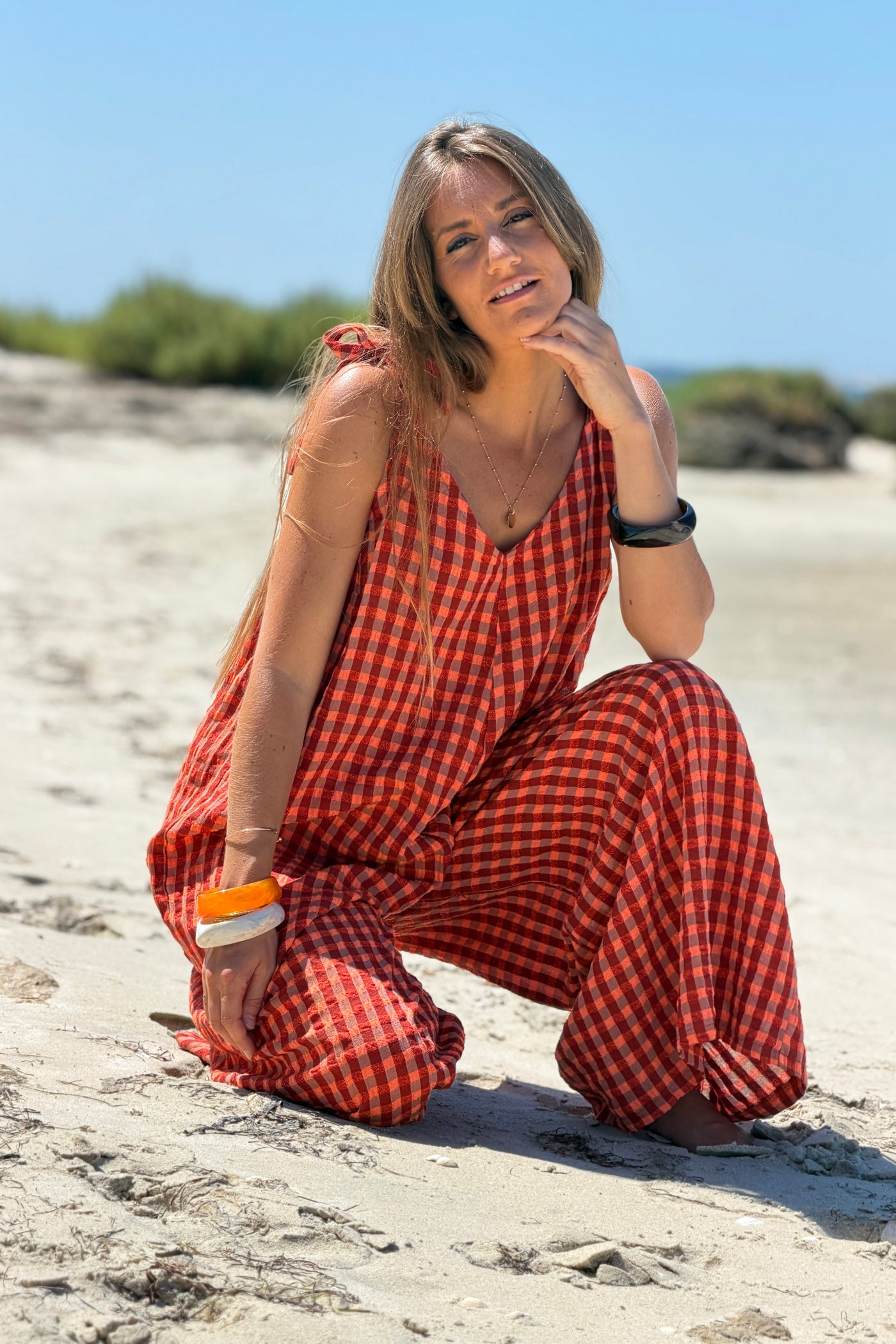 Orange Crinkle Gauze Plaid Romper
